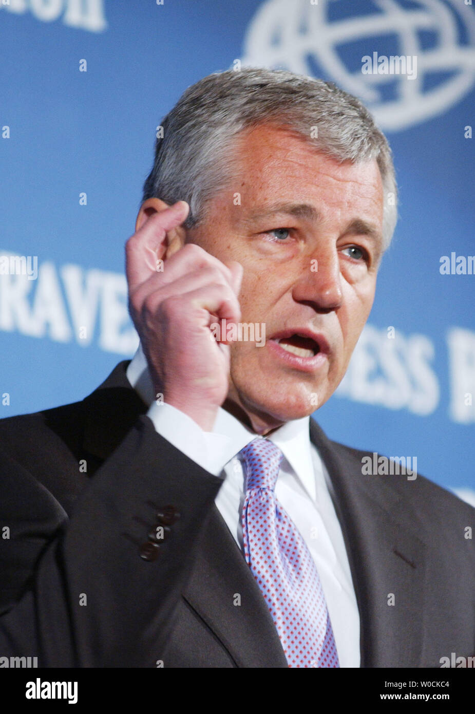 Sen. Chuck Hagel, R-Neb, speaks to those gathered at the U.S. Chamber of Commerce for its 3rd Annual Travel and Tourism Summit, 'Redefining America at Home and Abroad' on April 20, 2005 in Washington.  Hagel called for further investigation into President Bush's nominee for U.N. ambassador John Bolton at yesterdays Senate hearing.  (UPI Photo/Michael Kleinfeld) Stock Photo