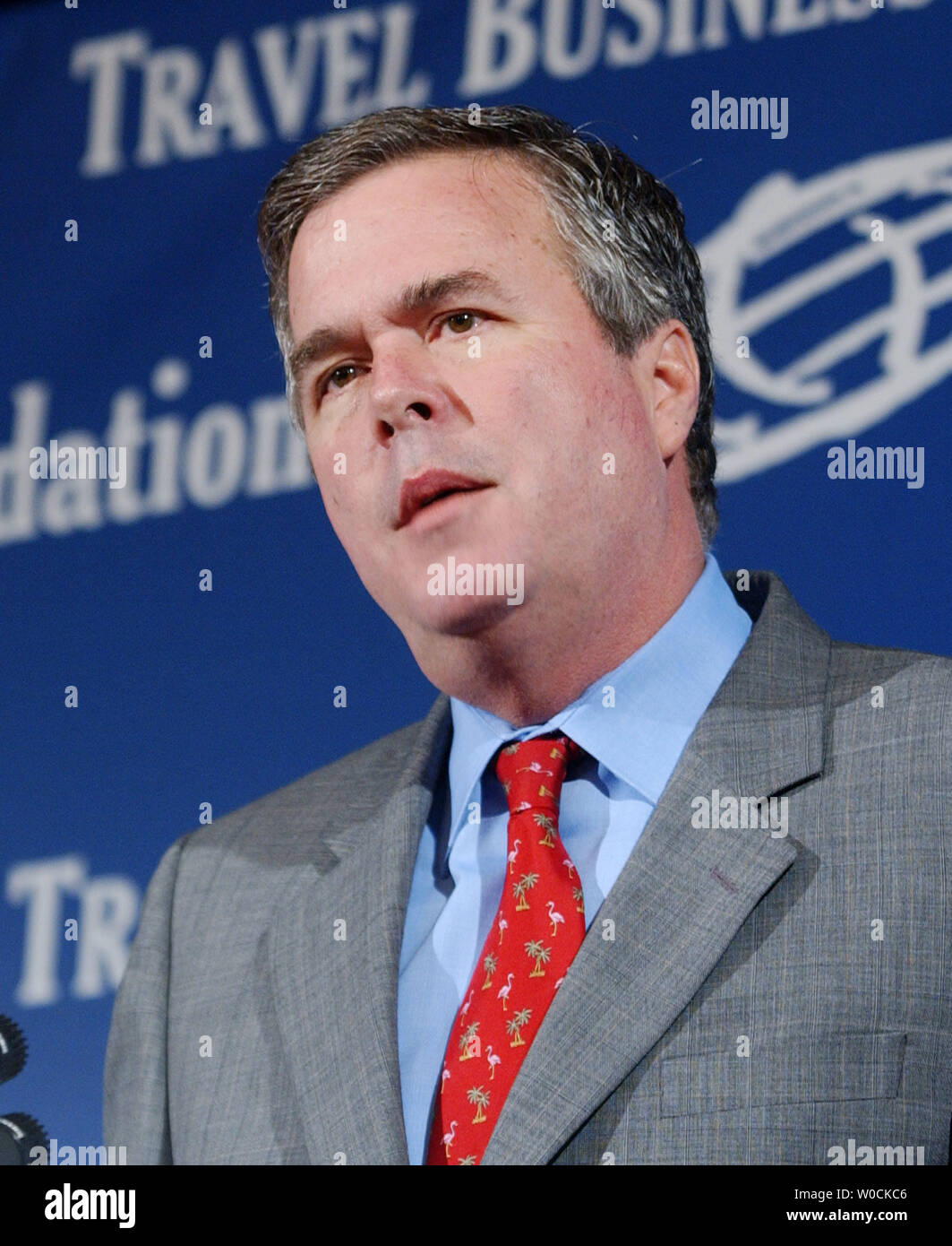 Florida Gov. Jeb Bush speaks to those gathered at the U.S. Chamber of Commerce for its 3rd Annual Travel and Tourism Summit, 'Redefining America at Home and Abroad' on April 20, 2005 in Washington.  Bush discussed how his state was able to rebound from 9/11 through its tourism industry and how important it is for balancing the state's budget.  (UPI Photo/Michael Kleinfeld) Stock Photo