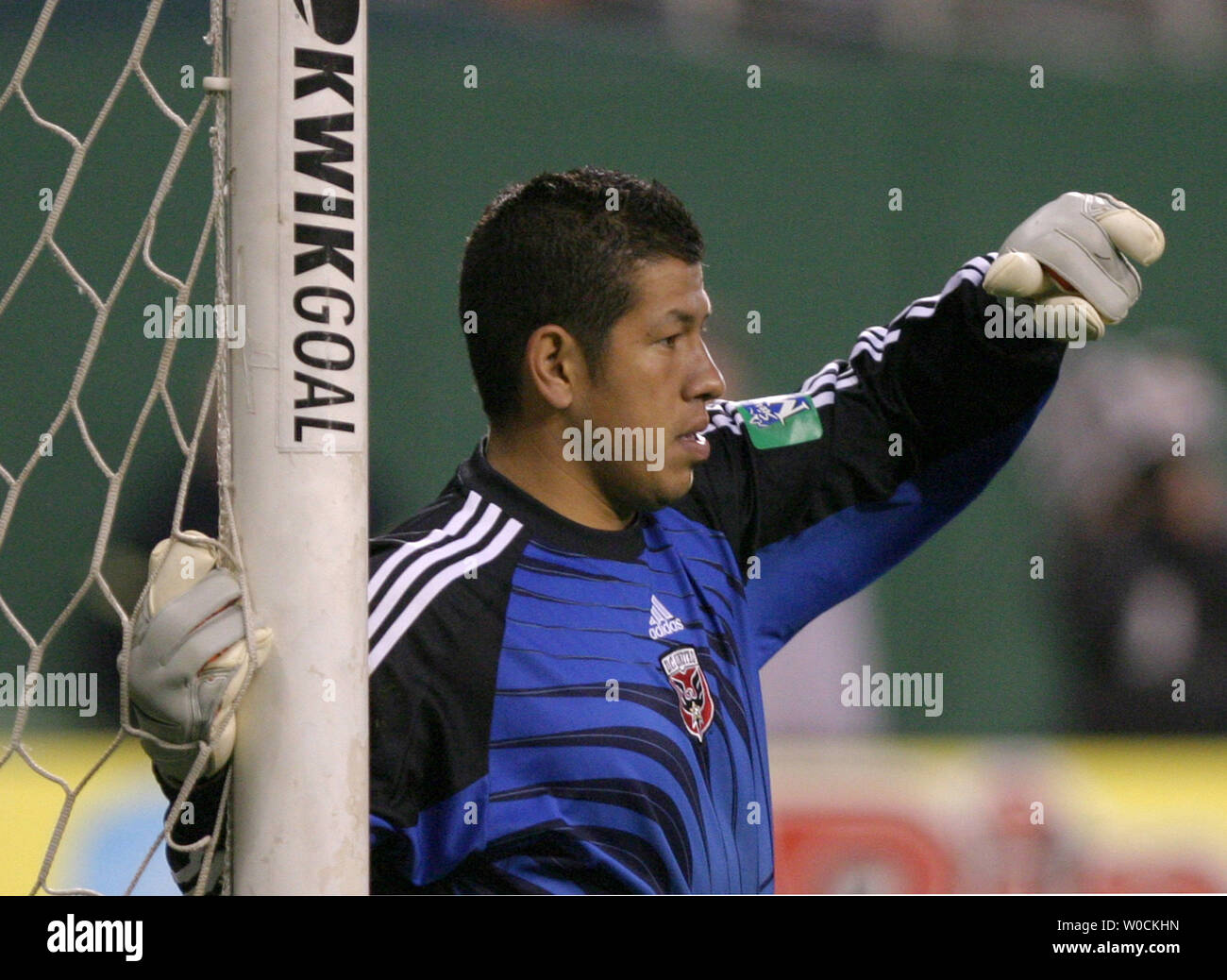 D.C. United goal keeper Nick Rimando gives directions to his defenders during their MLS match up against the England Revolution on April 23, 2005 at RFK Stadium in Washington, D.C. The Revolution beat the United 4-3. (UPI Photo/Kevin Dietsch) Stock Photo