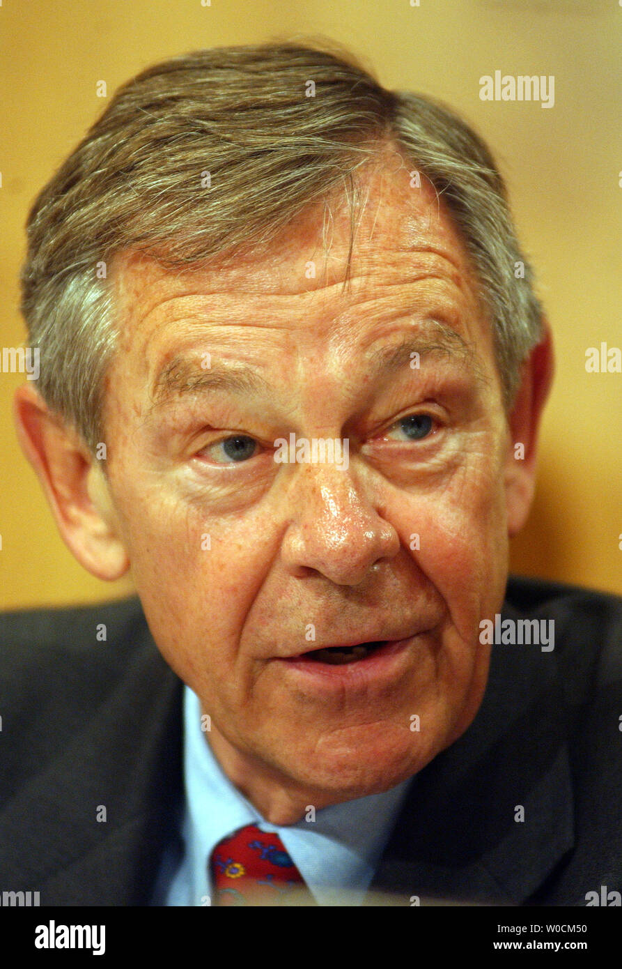 Sen. George Voinovich, R-OH, speaks during a Senate Foreign Relations Committee meeting to vote on the nomination of John Bolton to be the U.S. ambassador to the U.N. on May 12, 2005, on Capitol Hill in Washington. Voinovich continues to oppose the nomination despite pressure from his party to support the President's choice.     (UPI Photo/Roger L. Wollenberg) Stock Photo