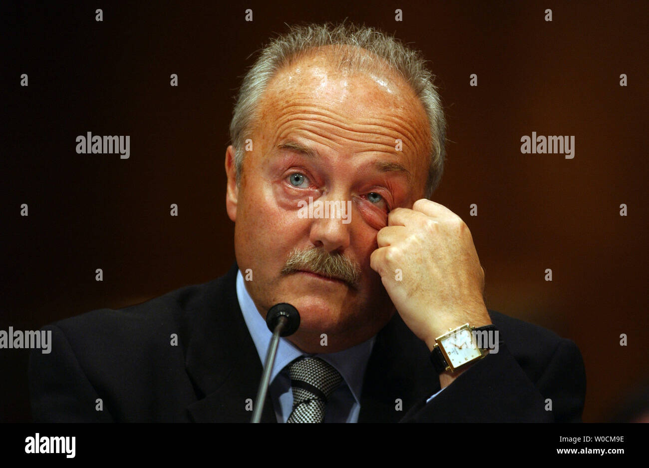 British lawmaker George Galloway testifies before a Senate committee investigating the U.N. oil for food program, on May 17, 2005 in Washington.  Galloway rejected a claim that Saddam Hussein awarded him lucrative allocations under the U.N. program.   (UPI Photo/Michael Kleinfeld) Stock Photo