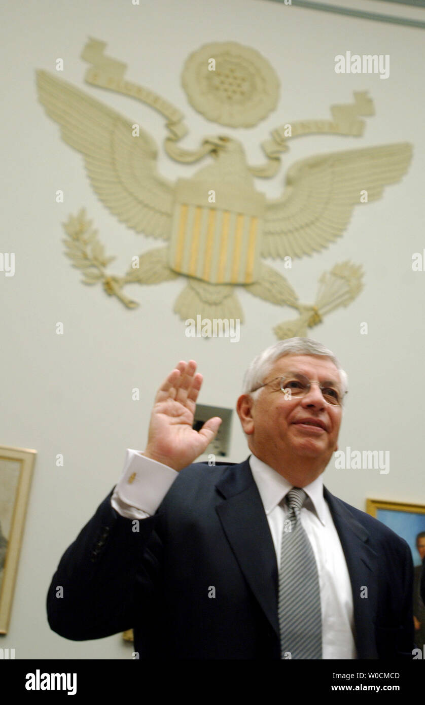 David Stern, Commissioner of the NBA, is sworn in prior to testifing before the House Government Reform Committee hearing on steroid use in the National Basketball Association and their steroid testing program, on May 19, 2005 in Washington.  Stern said that NBA players would not benefit from use of steroids, and therefore a more strict policy is not necessary. (UPI Photo/Michael Kleinfeld) Stock Photo