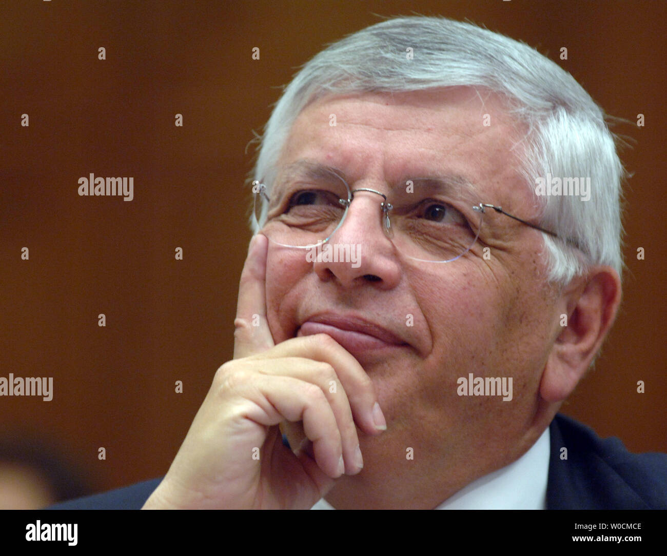 David Stern, Commissioner of the NBA testifies before the House Government Reform Committee hearing on steroid use in the National Basketball Association and their steroid testing program, on May 19, 2005 in Washington.  Stern said that NBA players would not benefit from use of steroids, and therefore a more strict policy is not necessary. (UPI Photo/Michael Kleinfeld) Stock Photo