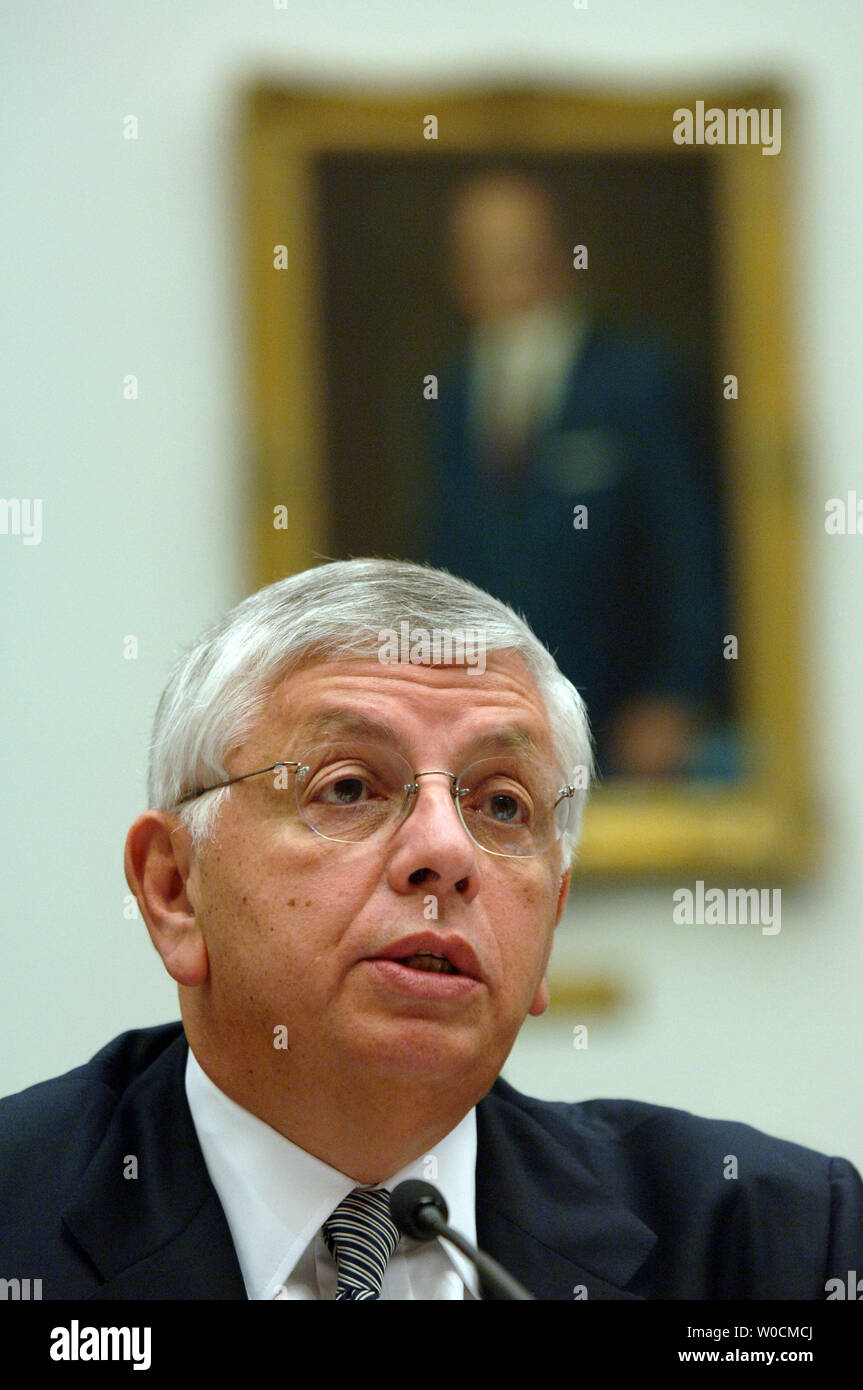 David Stern, Commissioner of the NBA testifies before the House Government Reform Committee hearing on steroid use in the National Basketball Association and their steroid testing program, on May 19, 2005 in Washington.  Stern said that NBA players would not benefit from use of steroids, and therefore a more strict policy is not necessary. (UPI Photo/Michael Kleinfeld) Stock Photo