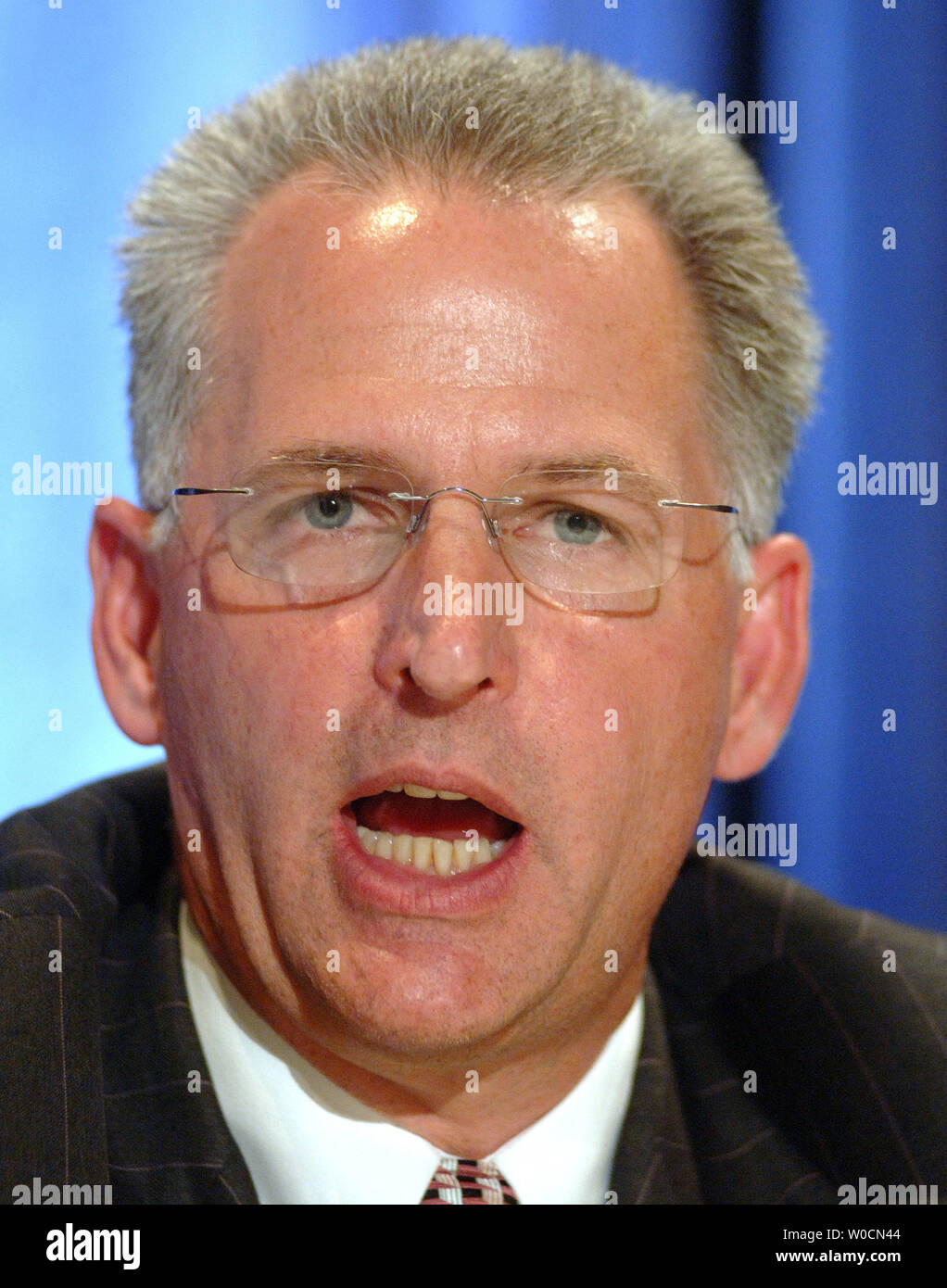 Gregory Wasson, president of Walgreens Health Services, discusses the pricing of drugs during a discussion sponsored by AARP in Washington on June 9, 2005.   (UPI Photo/Roger L. Wollenberg) Stock Photo
