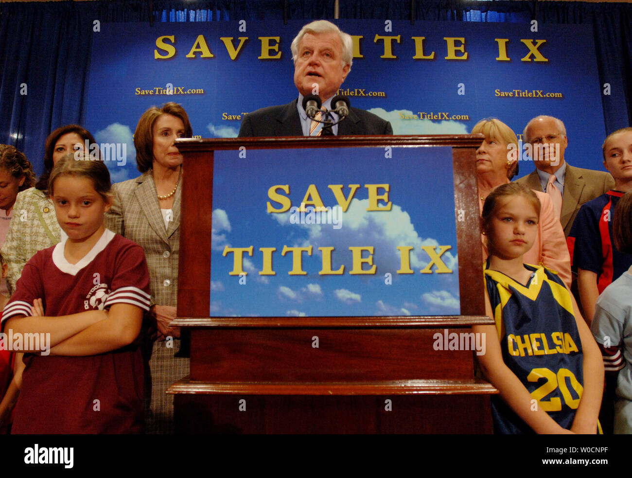 Sen. Ted Kennedy, D-Mass, speaks to those gathered at an event to high-light the positive effects of 'Title Nine', on June 22, 2005.  Title Nine has given young women access to money for scholarships in sports, and has contributed to elevating the status of women in sports.  The Bush administration is threatening to change to law; making is weaker and less effective according to critics. (UPI Photo/Michael Kleinfeld) Stock Photo