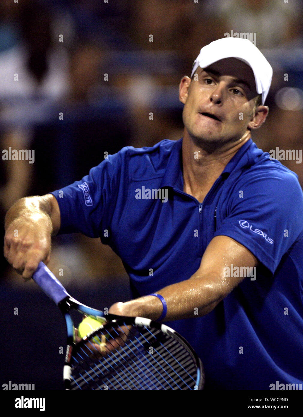Andy Roddick prepares to serve to Juan Ignacio Chela during the third round of the Legg Mason Tennis Classic held at the William H.G. Fitzgerald Tennis Center in Washignton D.C. on August 4, 2005. Roddick defeated Giovanni 3 set to 2. (UPI Photo/Kevin Dietsch) Stock Photo