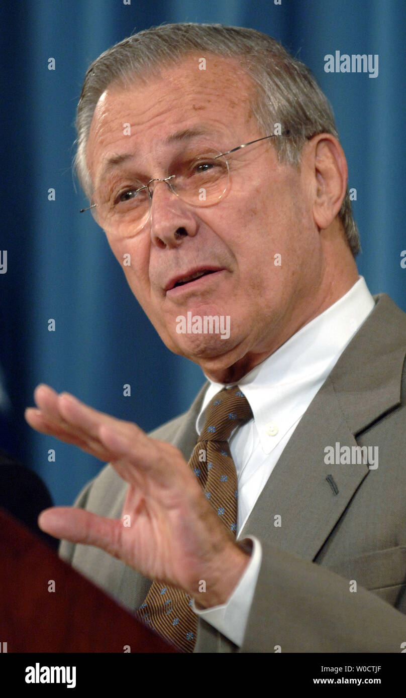 Secretary of Defense Donald Rumsfeld speaks at a press conference on the Iraq war during a joint press conference with Vice Chairman, Joint Chiefs of Staff, Adm. Edmund Giambastiani in the Pentagon on November, 15 2005. Rumsfield defended America’s reason for going to war restating that Saddam Hussein was a security threat to the United States and its allies. (UPI Photo/Kevin Dietsch) Stock Photo