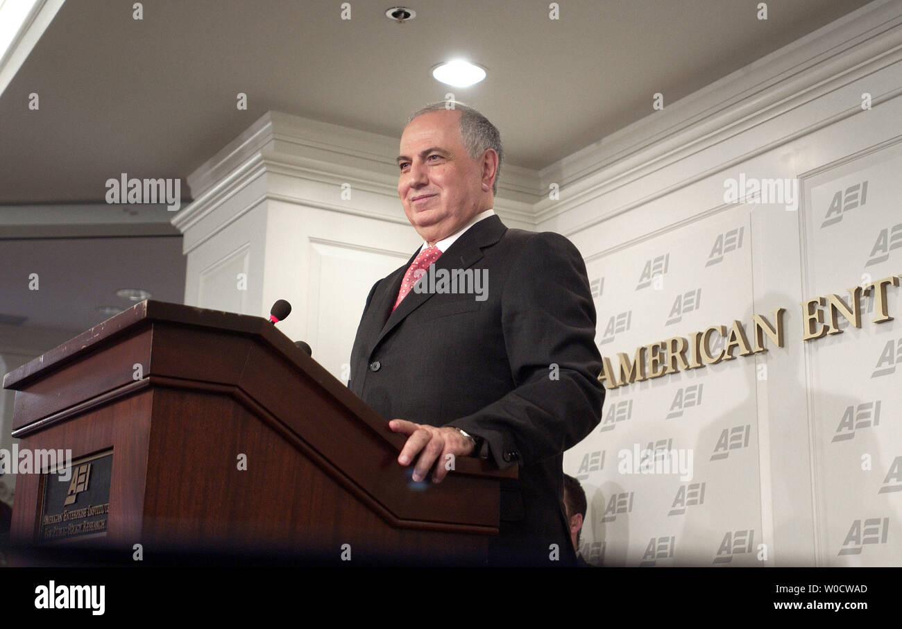 Iraqi Deputy Prime Minister Ahmed Chalabi speaks at an American Enterprise Institute for Public Policy Research in Washington on November 9, 2005. Chalabi is on an eight day trip to the United States. (UPI Photo/Kevin Dietsch) Stock Photo