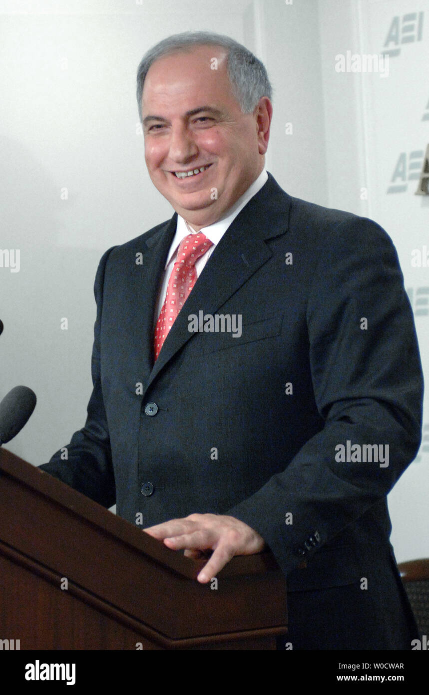 Iraqi Deputy Prime Minister Ahmed Chalabi speaks at an American Enterprise Institute for Public Policy Research in Washington on November 9, 2005. Chalabi is on an eight day trip to the United States. (UPI Photo/Kevin Dietsch) Stock Photo