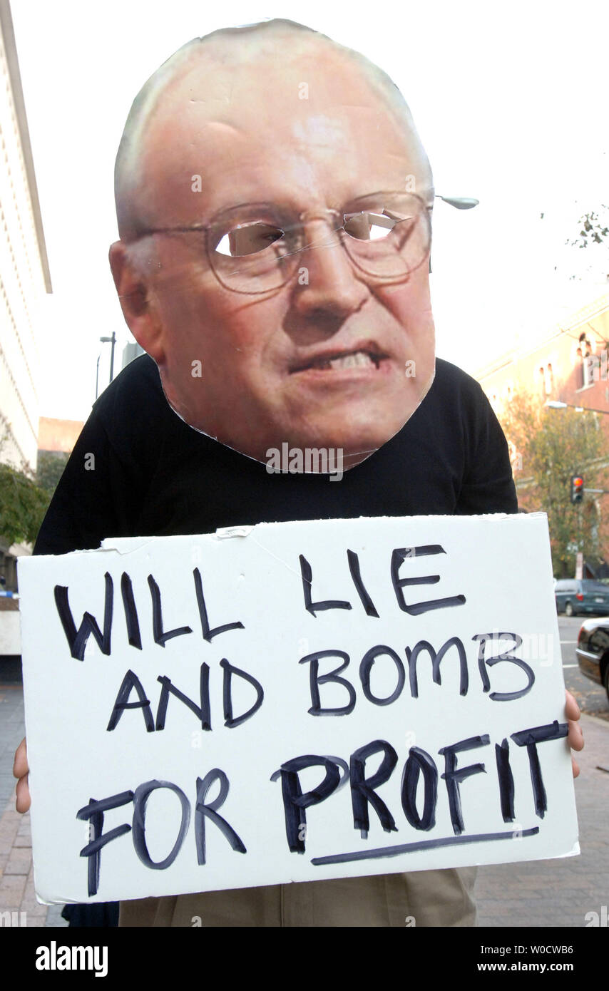 A group of protestors hold a rally against the Iraqi Deputy Prime Minister Ahmed Chalabi outside of the American Enterprise Institute where he was giving a speech on the rebuilding of Iraq in Washington on November, 9 2005. (UPI Photo/Kevin Dietsch) Stock Photo