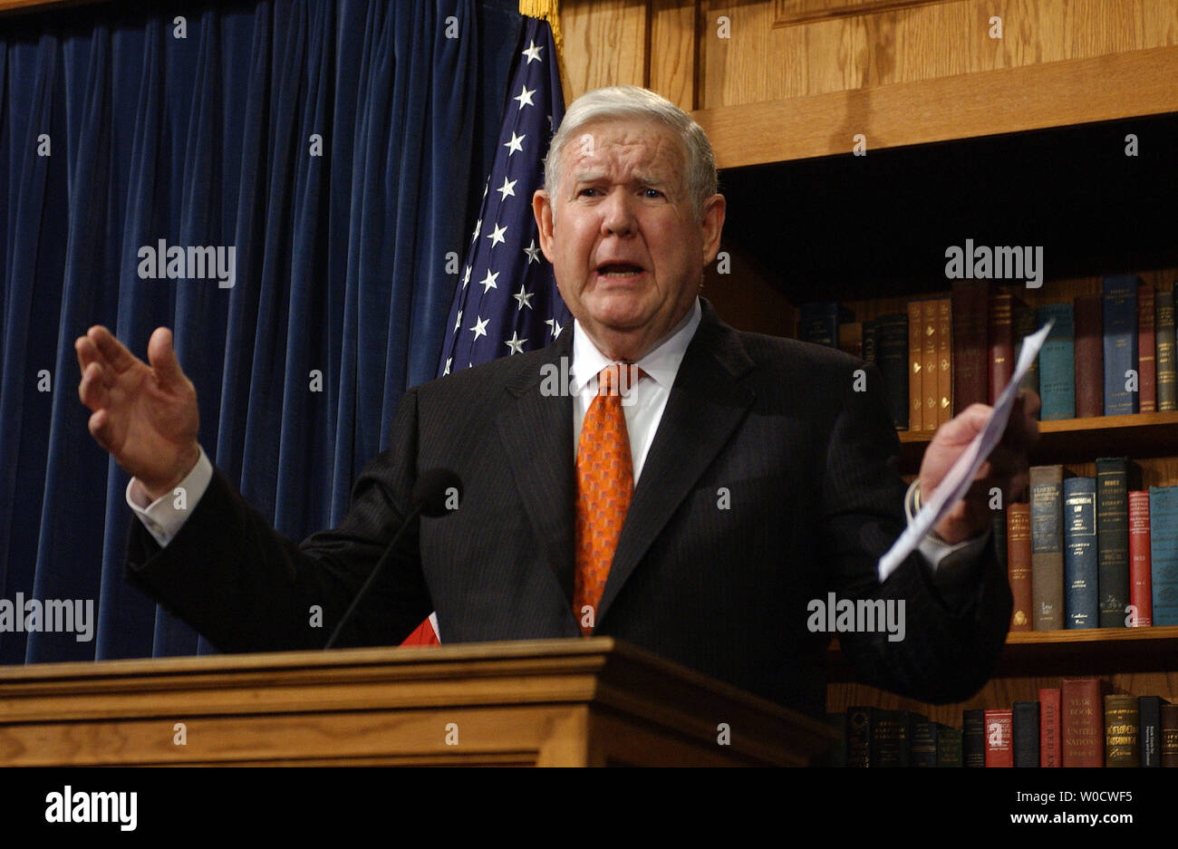 Rep. John Murtha, D-Pa., reacts to President Bush's speech on Iraq from earlier in the day during a news conference on Capitol Hill in Washington on December 7, 2005. Murtha reiterated his call for the U.S. to begin immediately withdrawing its troops because they are making the situation worse, not better.   (UPI Photo/Roger L. Wollenberg) Stock Photo