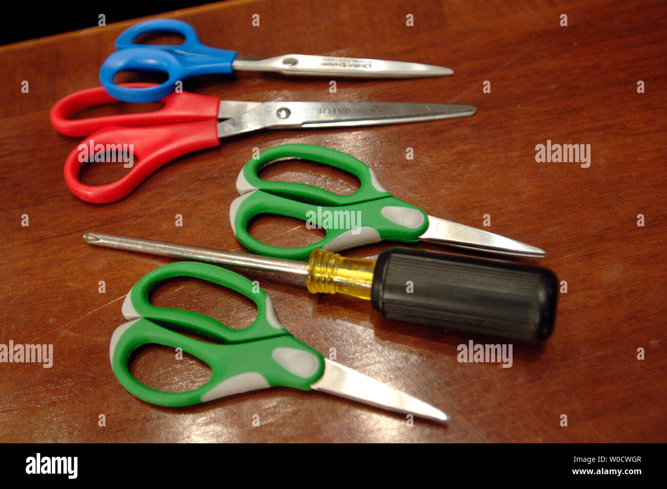 Sets of scissors and a screw driver sit on a table at a Senate