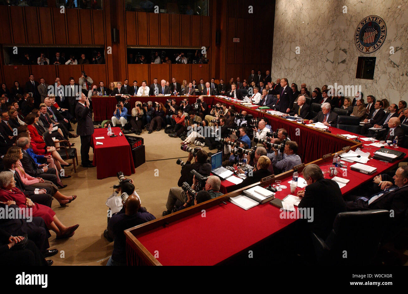 Supreme Court Justice nominee Judge Samuel Alito is sworn in before the Senate Judiciary Committee which is considering Alito's nomination during a hearing on January 9, 2006, on Capitol Hill in Washington. The hearing will continue for several days before Alito's nomination goes to the full Senate for consideration.   (UPI Photo/Kevin Dietsch) Stock Photo