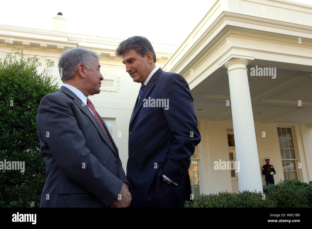 W.Va. Gov. Joe Manchin speaks with Rep. Nick Rahall, D-W.Va., (R) after meeting with U.S. President George W. Bush on mine safety at the White House on January 24, 2006. Congress, President Bush and the state of West Virginia have all vowed to improve mine safety after two accidents in the past month have left 14 miners dead.   (UPI Photo/Roger L. Wollenberg) Stock Photo