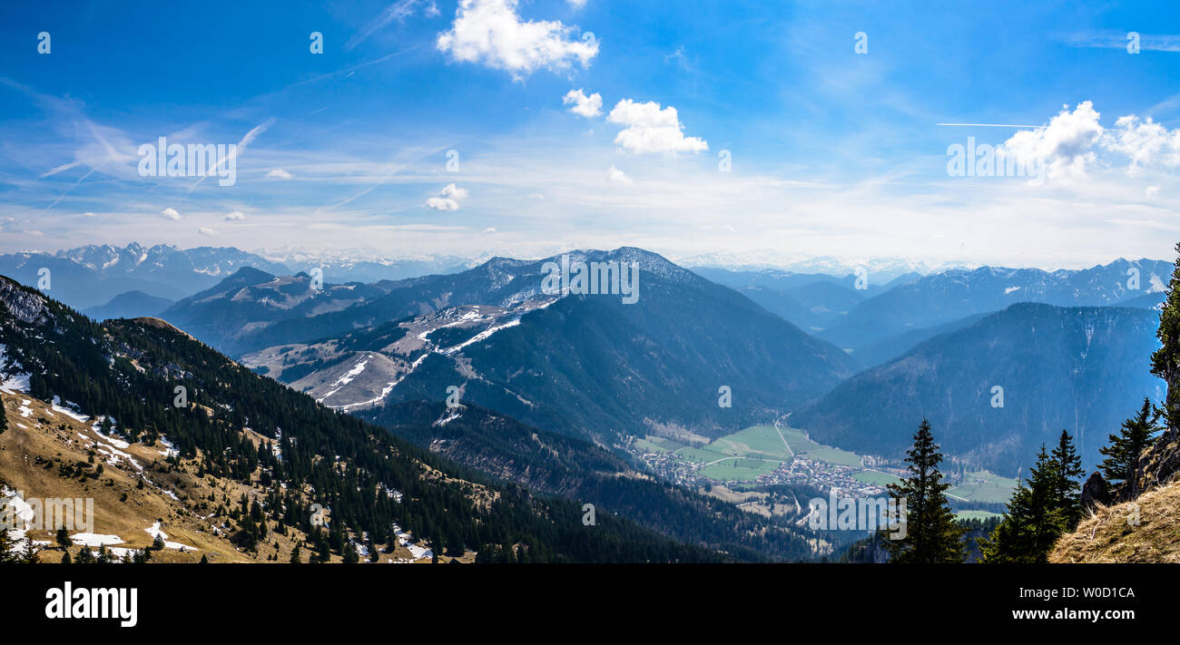 Panorama view from Wendelstein mountain by Bayrischzell on bavarian alps. Bayern (Bavaria), Germany. Stock Photo