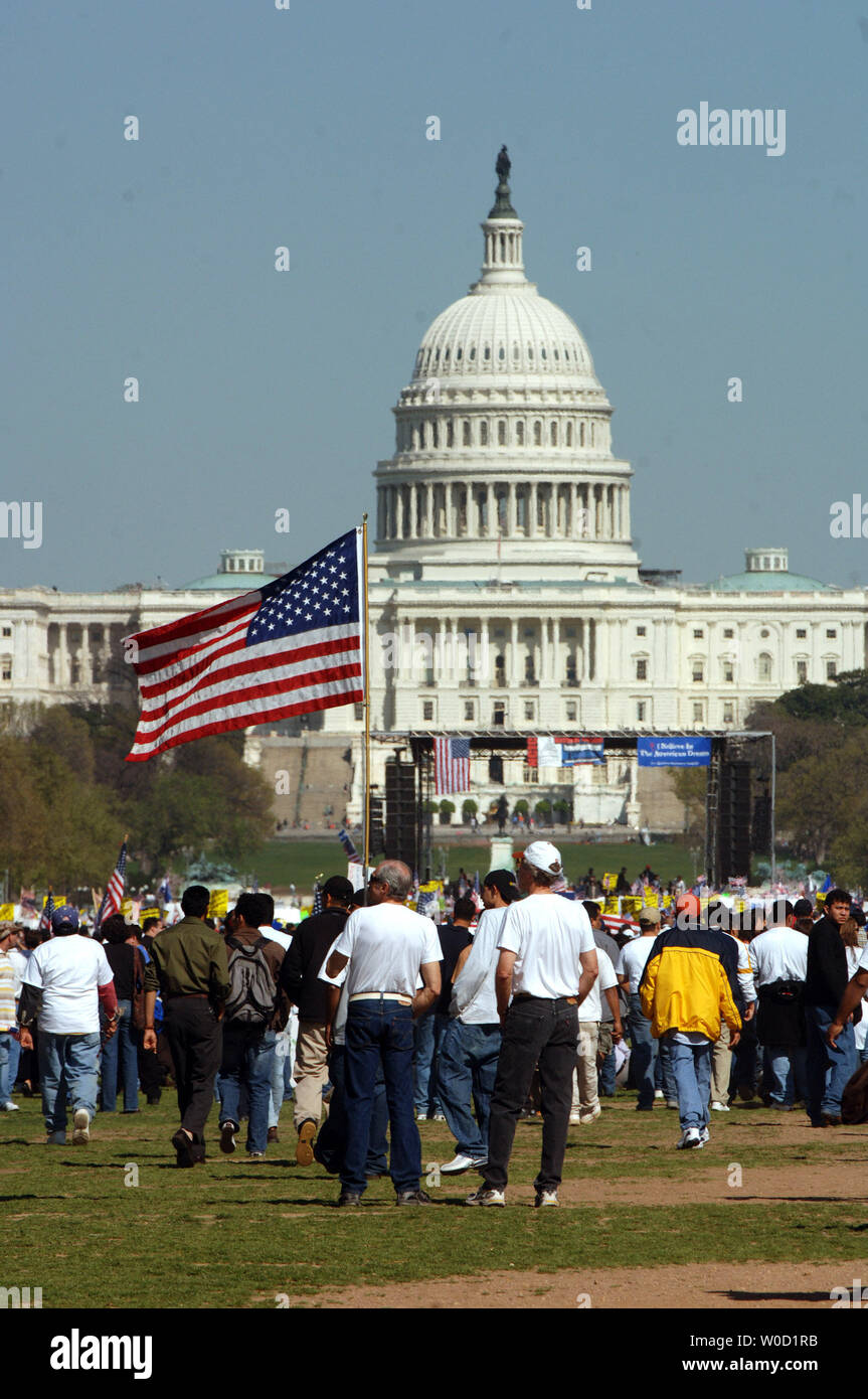 Tens of thousands of immigrants and their supporters march during a rally in Washington on April 10, 2006. Across the U.S. hundreds of thousands of protestors rallied today against a House bill that would criminalize illegal immigrants and for reform measures that would protect their rights.  (UPI Photo/Roger L. Wollenberg) Stock Photo