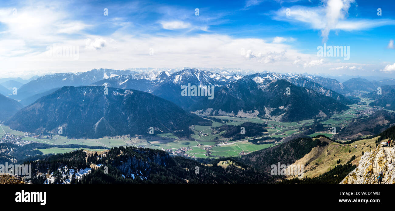 Panorama view from Wendelstein mountain by Bayrischzell on bavarian alps. Bayern (Bavaria), Germany. Stock Photo