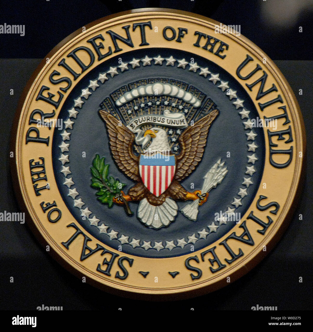 The Seal Of The President Of The United States Rests On The Podium In The Old Executive Office Building Adjacent To The White House On April 06 Upi Photo Roger L Wollenberg