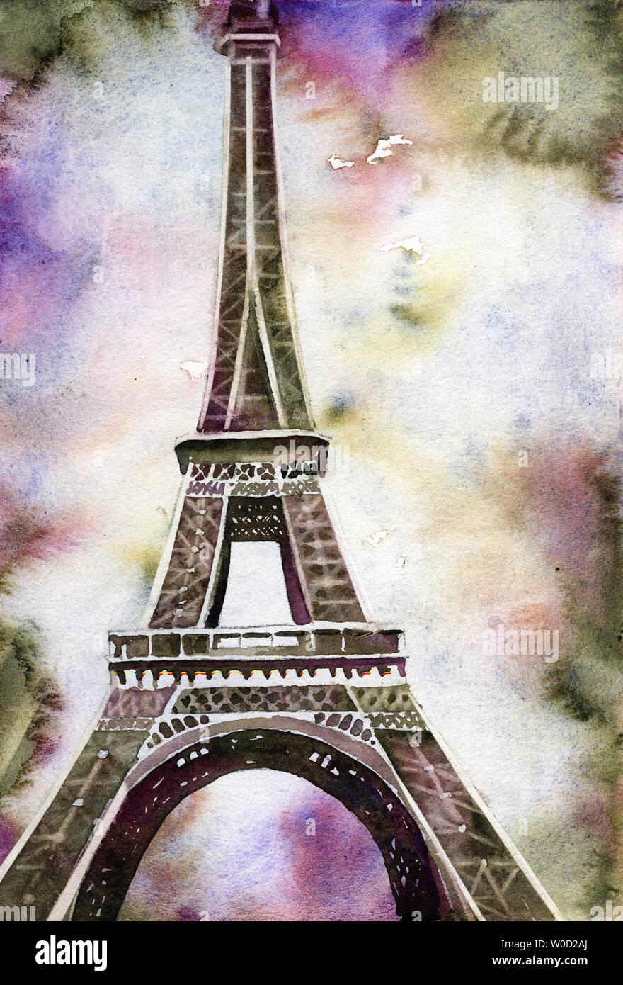 Fine art watercolor painting of portion of the Eiffel Tower at sunset- Paris, France Stock Photo