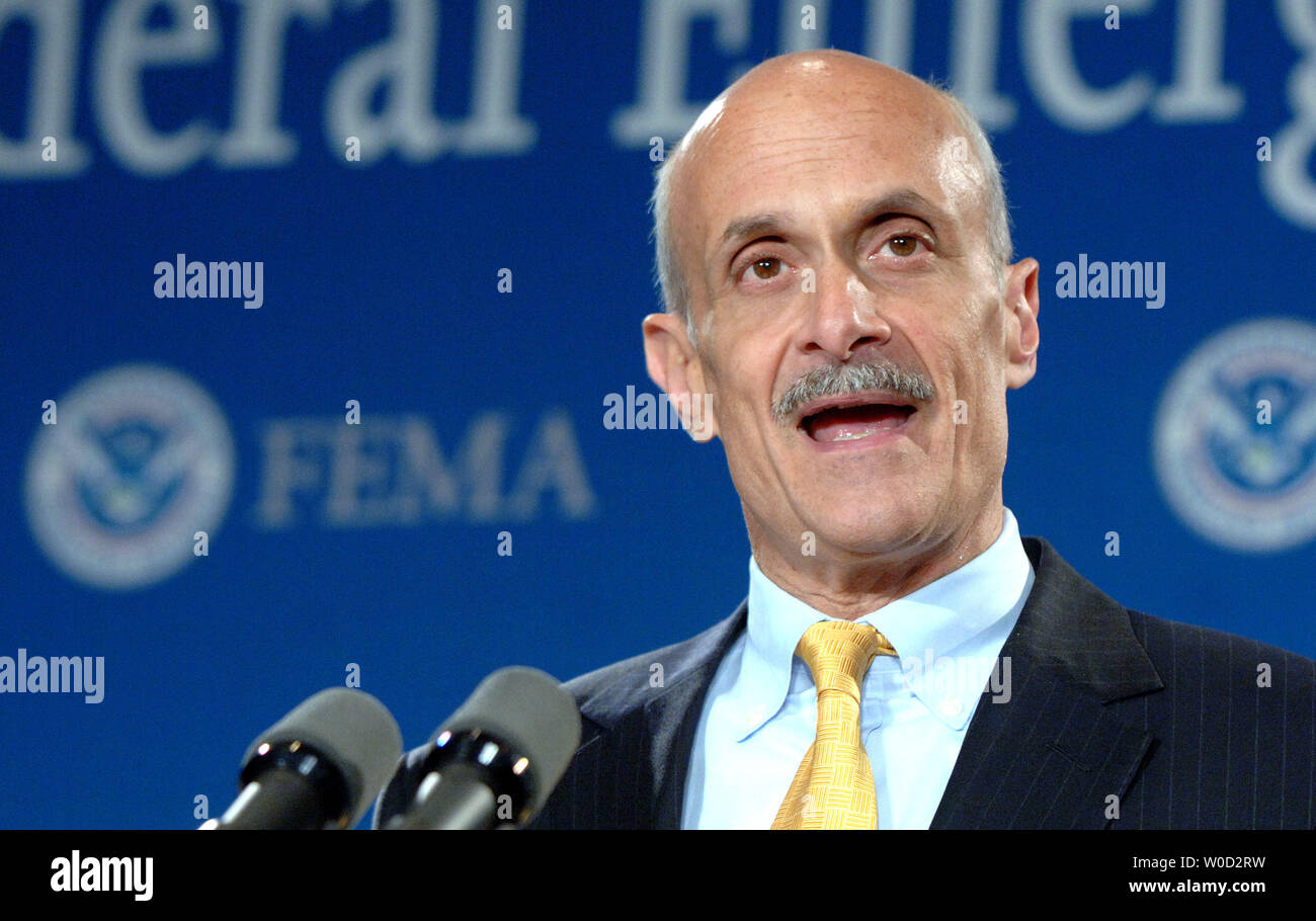 Secretary of Homeland Security Michael Chertoff discusses the hurricane season preparations made by his department, FEMA, other federal agencies and state and local governments during a news conference at FEMA headquarters in Washington on May 23, 2006.   (UPI Photo/Roger L. Wollenberg) Stock Photo