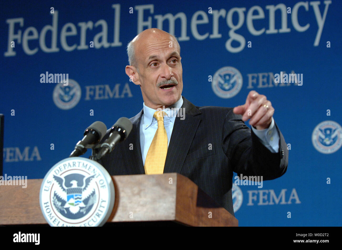 Secretary of Homeland Security Michael Chertoff discusses the hurricane season preparations made by his department, FEMA, other federal agencies and state and local governments during a news conference at FEMA headquarters in Washington on May 23, 2006.   (UPI Photo/Roger L. Wollenberg) Stock Photo