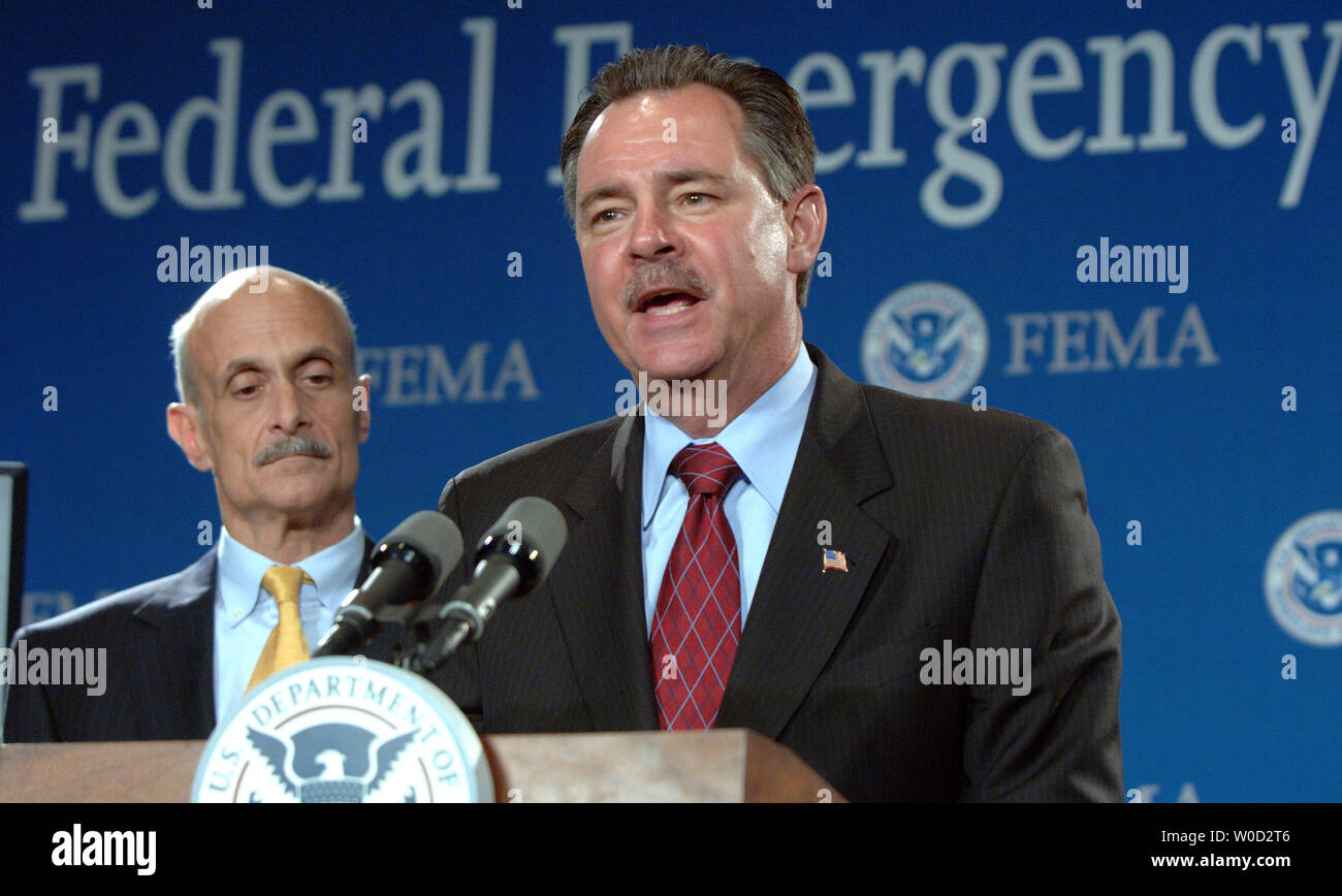 Secretary of Homeland Security Michael Chertoff listens as FEMA Director David Paulison discusses hurricane season preparations made by their departments, other federal agencies and state and local governments during a news conference at FEMA headquarters in Washington on May 23, 2006.   (UPI Photo/Roger L. Wollenberg) Stock Photo