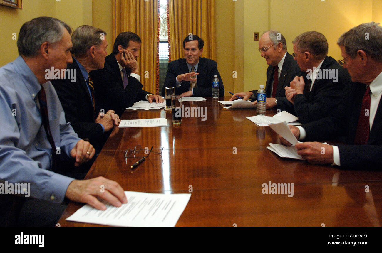 Sen. Rick Santorum (R-PA) (C) leads a group of Republican Senators during an Energy Working Group meeting on Capitol Hill in Washington on May 9, 2006. Senators Jon Kyl (R-AZ) (L), Larry Craig (R-ID) (center right), Conrad Burns (R-MT) (second from right), James Inhofe (D-OK) (right), Craig Thomas (R-WY) (second from left) and John Thune (center left) (R-SD) were also in attendance.  (UPI Photo/Kevin Dietsch) Stock Photo