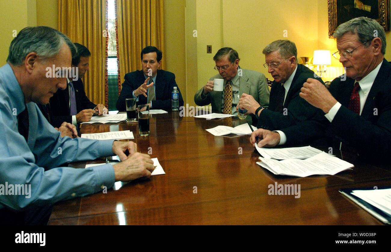 Sen. Rick Santorum (R-PA) (C) leads a group of Republican Senators during an Energy Working Group meeting on Capitol Hill in Washington on May 9, 2006. Senators Jon Kyl (R-AZ) (L), Larry Craig (R-ID) (center right), Conrad Burns (R-MT) (second from right), James Inhofe (D-OK) (right), Craig Thomas (R-WY) (second from left), Pete Domenici (R-NM) (center right) and John Thune (center left) (R-SD) were also in attendance.  (UPI Photo/Kevin Dietsch) Stock Photo
