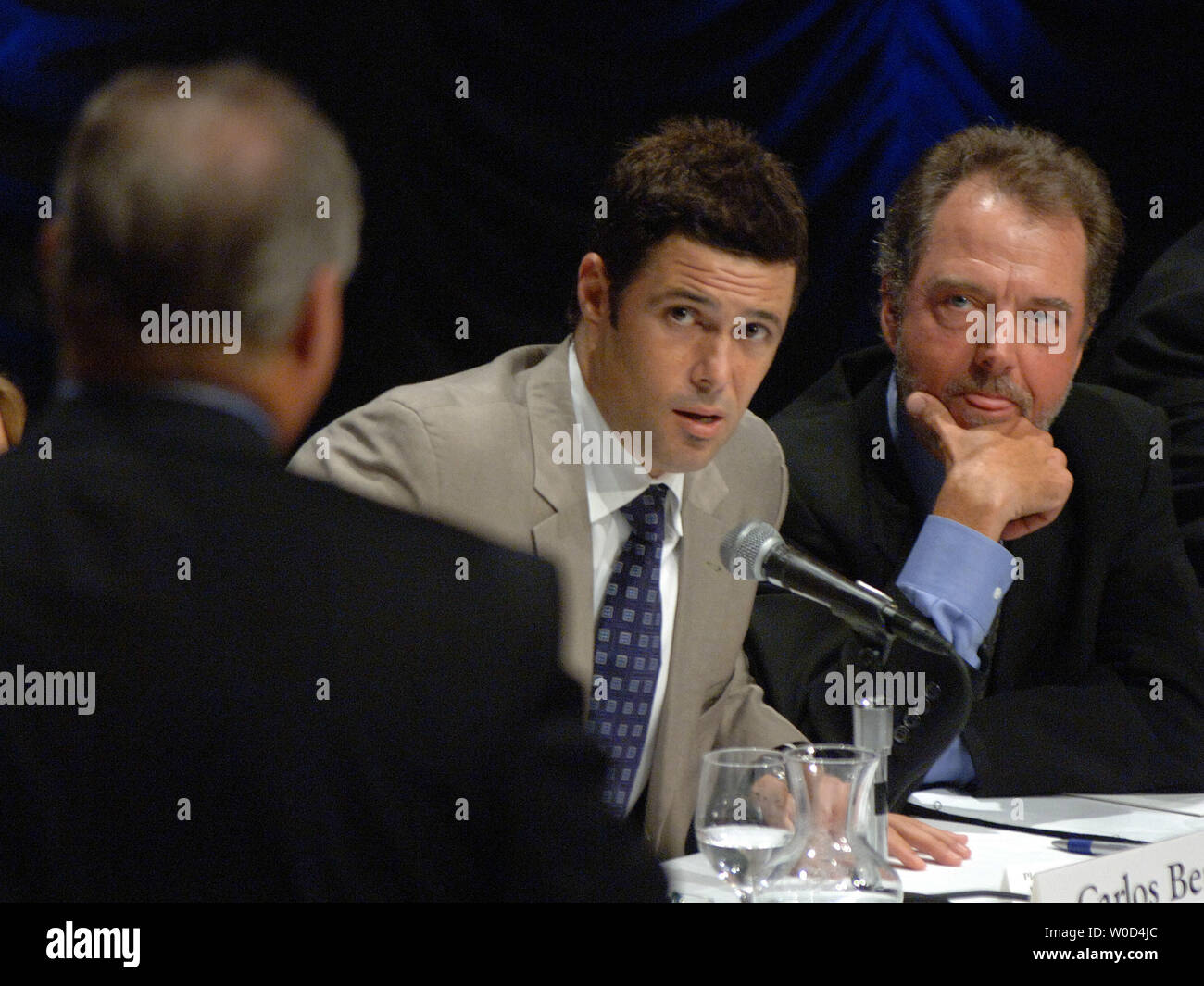 Radio host Rush Limbaugh speaks with '24' actors Carlos Bernard (Tony Almeida) and Gregory Itzin (President Charles Logan), left to right, as he moderates a Heritage Foundation discussion about Fox TV's '24' and the war on terrorism in Washington on June 23, 2006.   (UPI Photo/Roger L. Wollenberg) Stock Photo