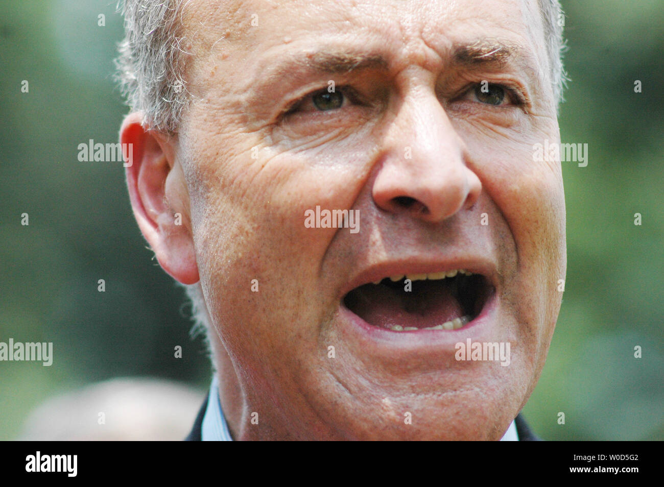 Senator Charles Schumer, (D-NY), speaks at a news conference held at an Exxon Gas Station near Capitol Hill in Washington on July 12, 2006. The news conference was held to address nationwide gas prices. (UPI Photo/Shauneil Scott) Stock Photo