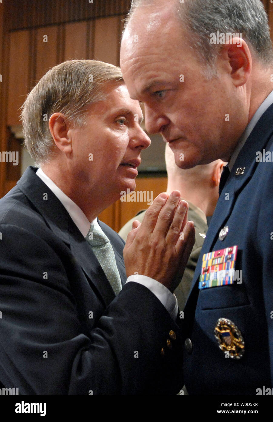 Sen Lindsey Graham R Sc Speaks To Air Force Judge Advocate General Major Gen Jack Rives During A Recess At The Senate Armed Services Committee Hearing On The Guantanamo Detainees In Washington On