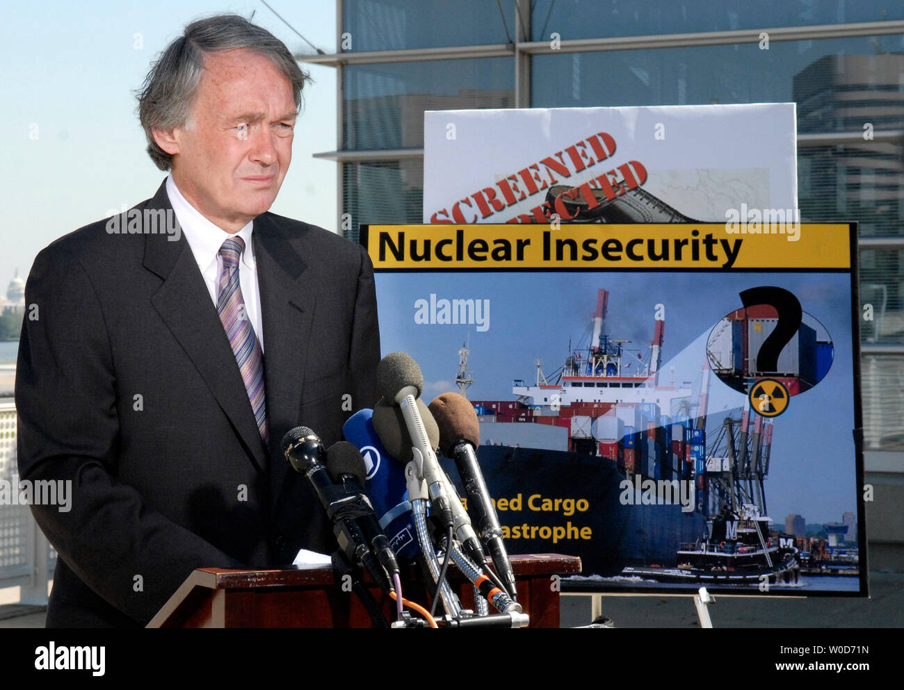 Rep. Edward Markey (D-Mass) speaks on the potential threats of unscreened air cargo, at a press conference at Ronald Reagan Washington National Airport in Alexandria, Virginia on August 16, 2006. Markey is urging Homeland Security Secretary Michael Chertoff to institute a 100 percent inspection of all passenger cargo. (UPI Photo/Kevin Dietsch) Stock Photo