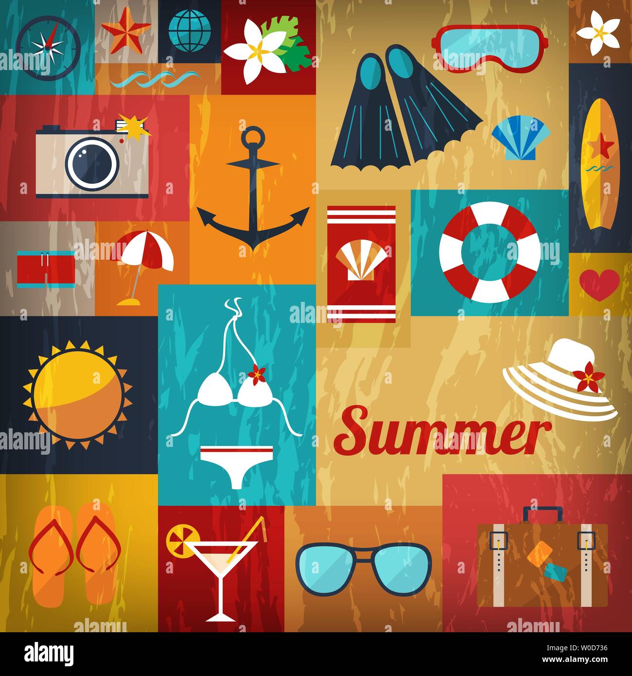 abstract bright summer background of flat icons with retro effect vector Stock Vector