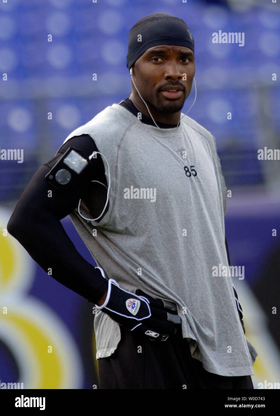 07 August 2008. Baltimore Ravens Wide Receiver Derrick Mason (85) with a  pregame catch. The New England Patriots were defeated by the Baltimore  Ravens 16-15 in Gillette Stadium, Foxboro, Mass in NFL