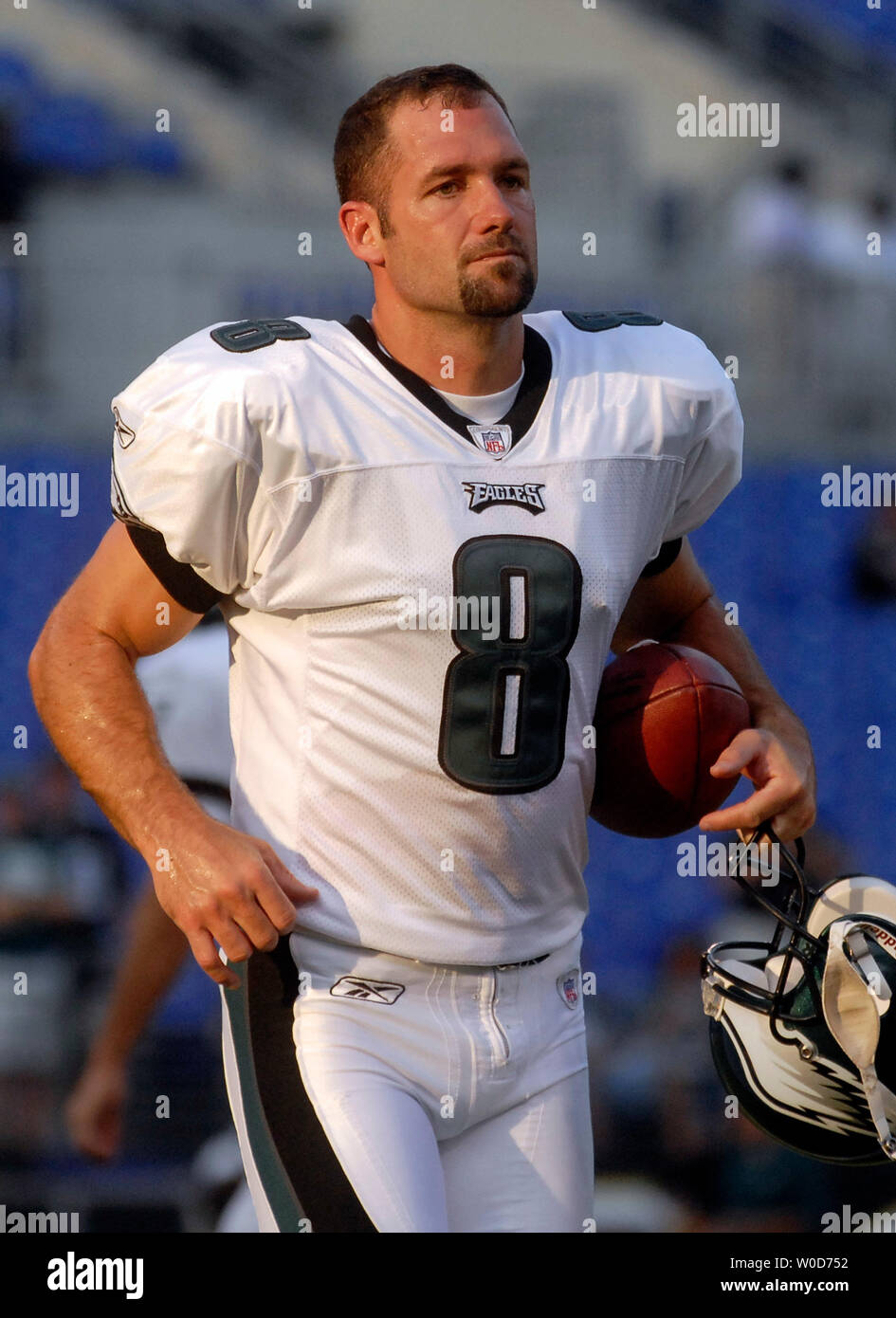 Philadelphia Eagles punter Dirk Johnson (8)warms up prior to the Eagles pre- season game against the Baltimore Ravens, at M & T Bank Stadium in  Baltimore, Maryland on August 17, 2006. (UPI Photo/Kevin