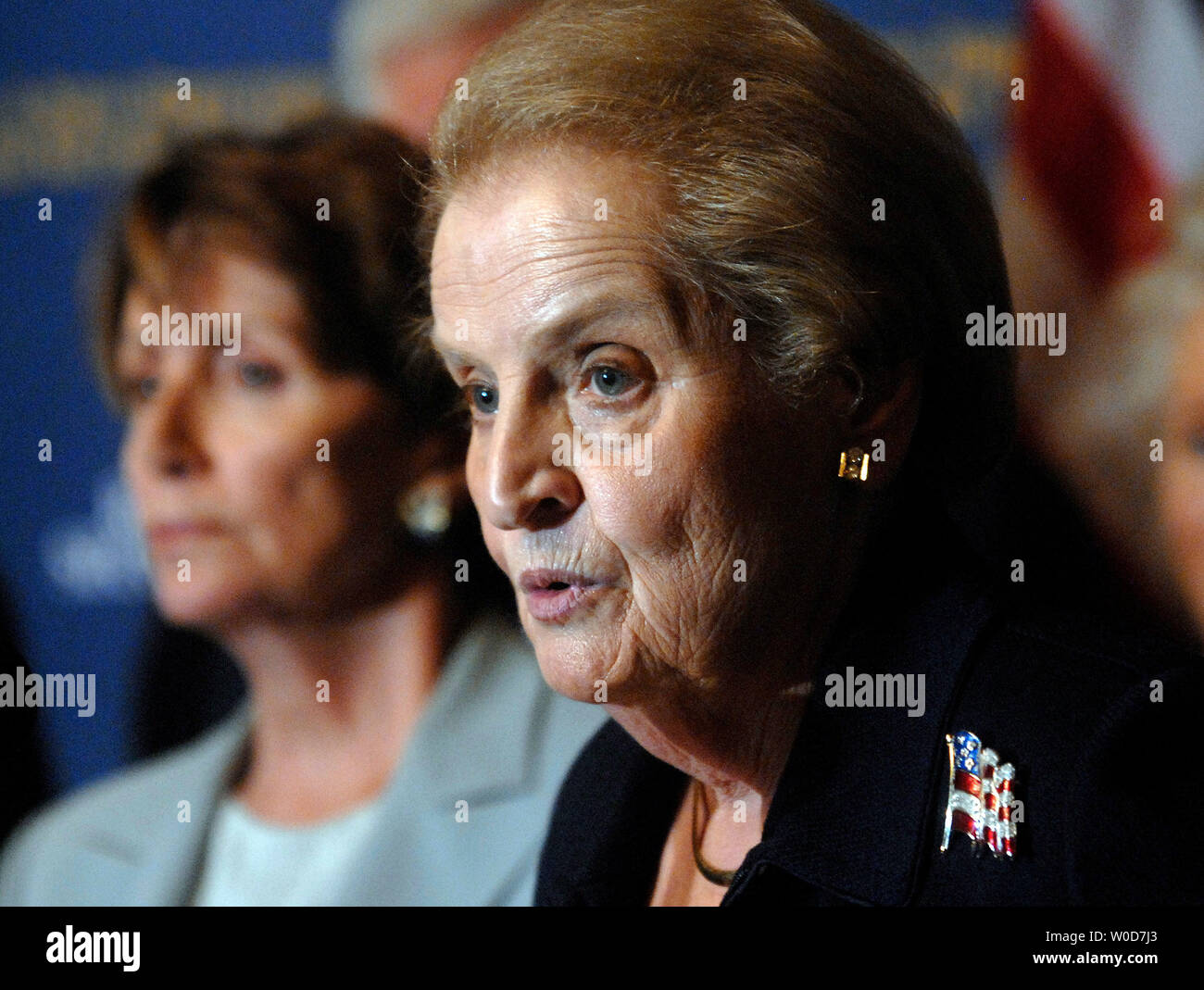 Former Secretary of State Madeline Albright speaks during a press conference calling for a new direction for national security, in Washington on September 13, 2006. (UPI Photo/Kevin Dietsch) Stock Photo