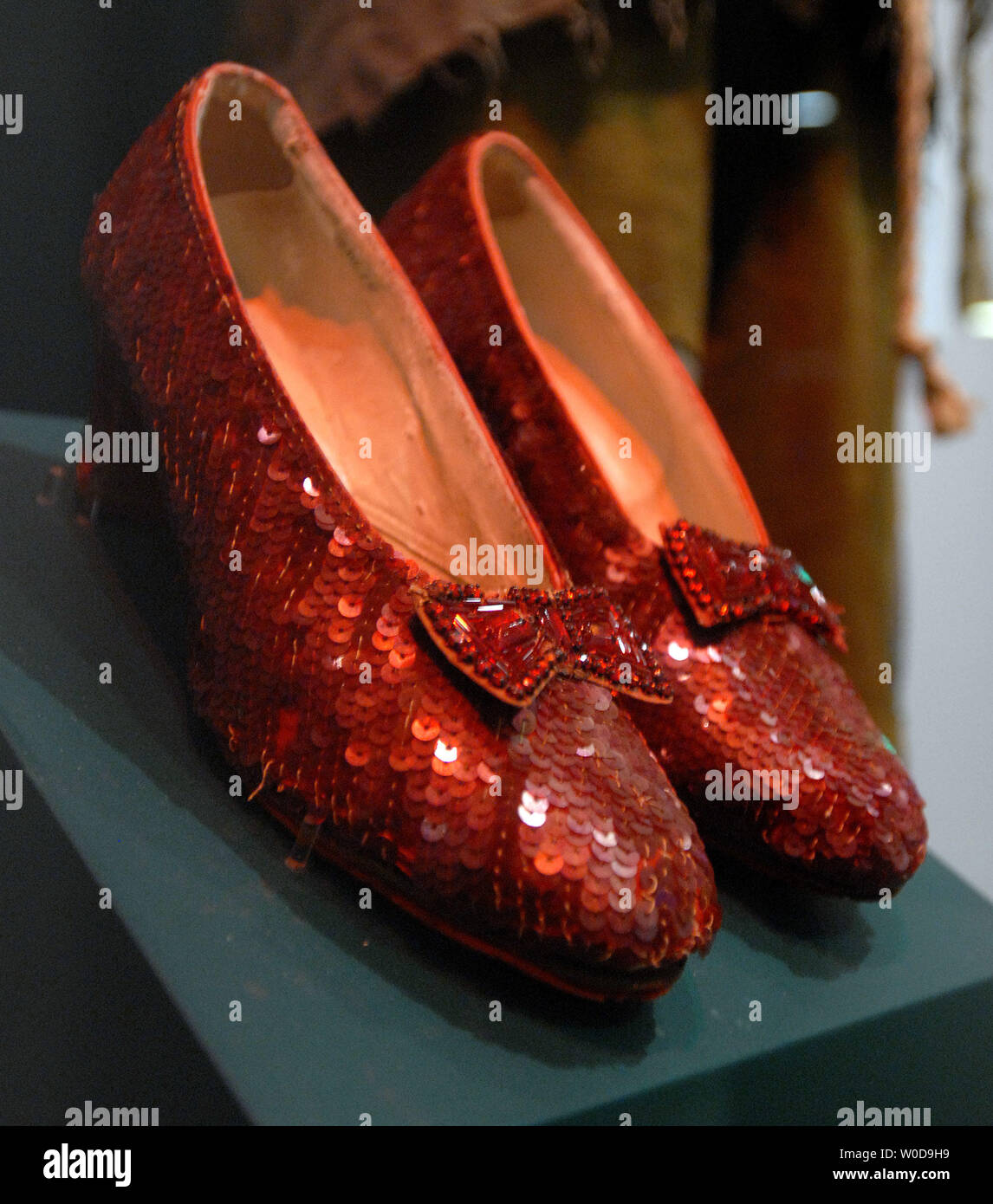 The red slippers worn by Judy Garland as "Dorothy" in "The Wizard of Oz"  are displayed at the Treasures of American History exhibit hosted by the  Smithsonian's National Air and Space Museum