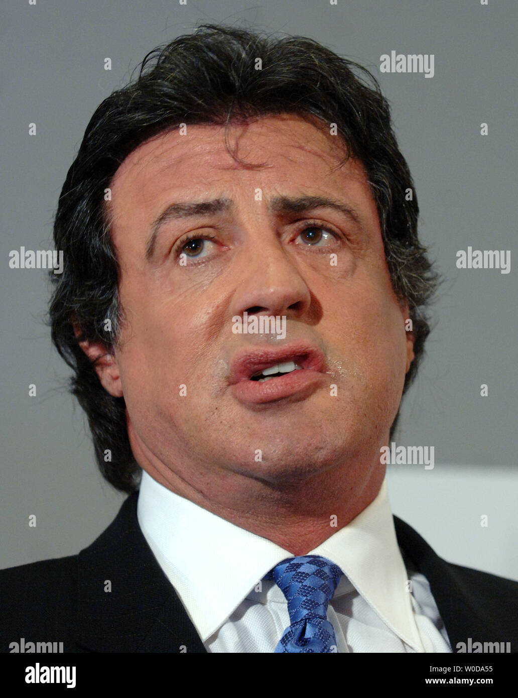 Actor and filmmaker Sylvester Stallone speaks before donating objects from the Academy Award-winning 'Rocky' films to The Smithsonian National Museum of American History in Washington on December 5, 2006.   (UPI Photo/Roger L. Wollenberg) Stock Photo
