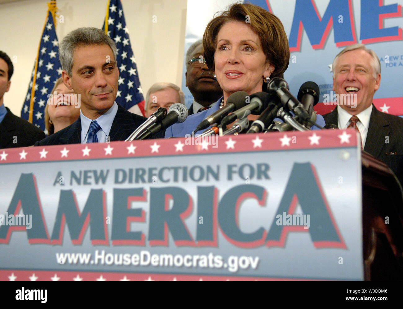Speaker of the House Nancy Pelosi (D-CA) (C) speaks along side House Majority Leader Steny Hoyer (D-MD) (R) and Rep. Rahm Emanuel (D-IL) at a press conference marking the first 100 legislative hours of the new Congress, in Washington on January 18, 2007. (UPI Photo/Kevin Dietsch) Stock Photo