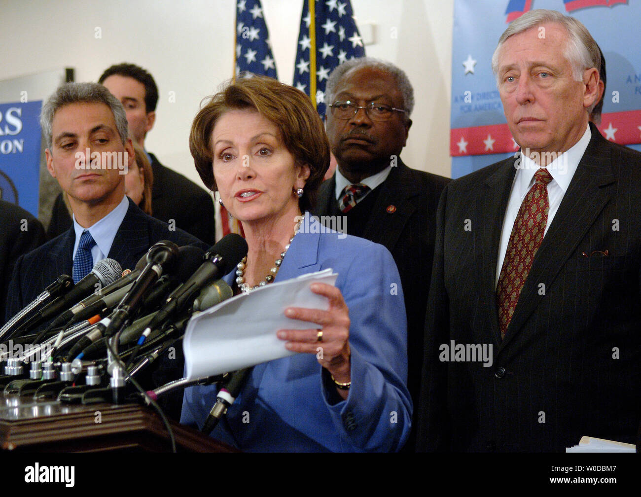 Speaker of the House Nancy Pelosi (D-CA) (C) speaks along side House Majority Leader Steny Hoyer (D-MD) (R), Rep. Rahm Emanuel (D-IL) (L) and Rep. James Clyburn (D-SC)  at a press conference marking the first 100 legislative hours of the new Congress, in Washington on January 18, 2007. (UPI Photo/Kevin Dietsch) Stock Photo