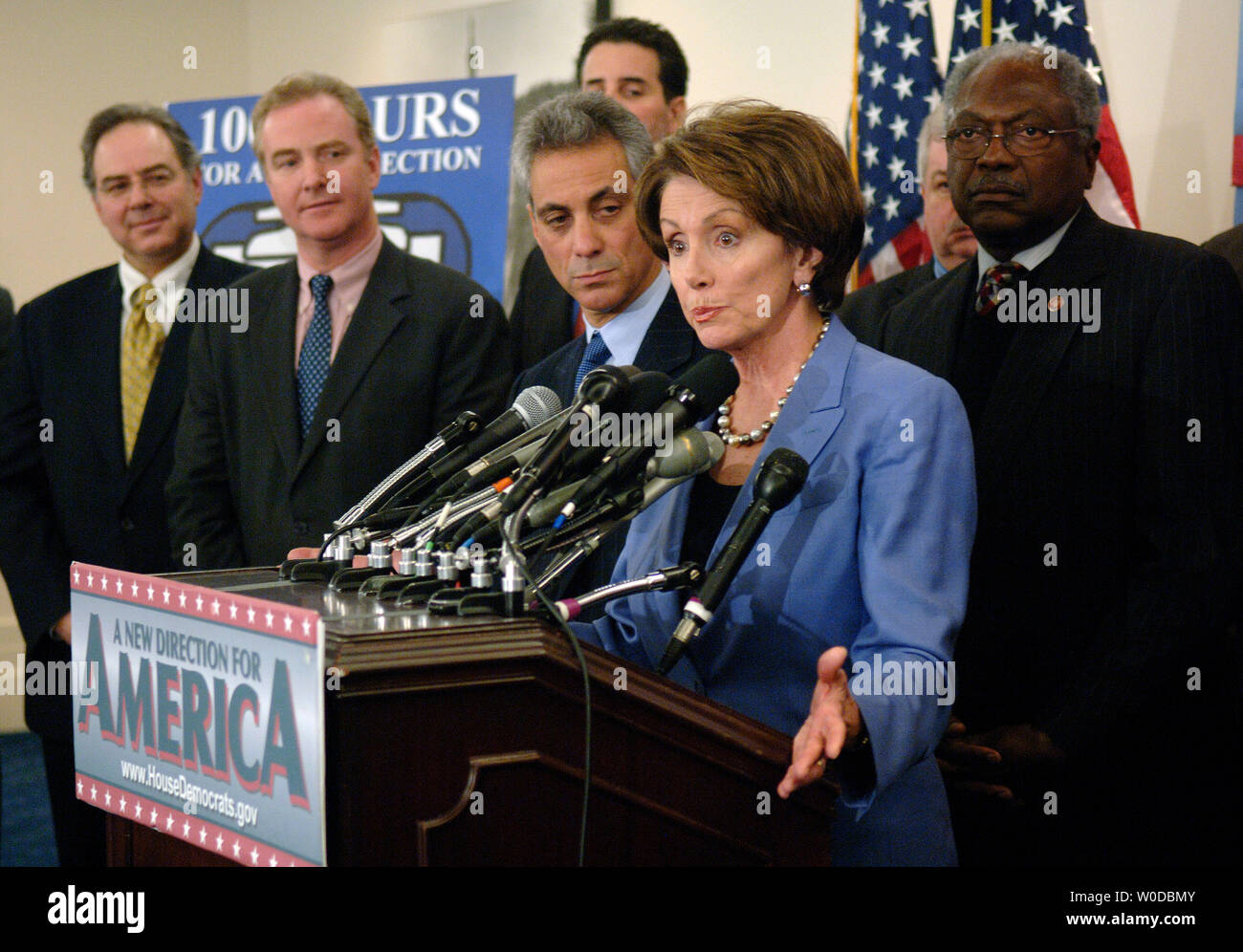 Speaker of the House Nancy Pelosi (D-CA) (2nd-R) speaks alongside Rep. Rahm Emanuel (D-IL) (C), Rep. James Clyburn (D-SC) and members of the freshman class, at a press conference marking the first 100 legislative hours of the new Congress, in Washington on January 18, 2007. (UPI Photo/Kevin Dietsch) Stock Photo