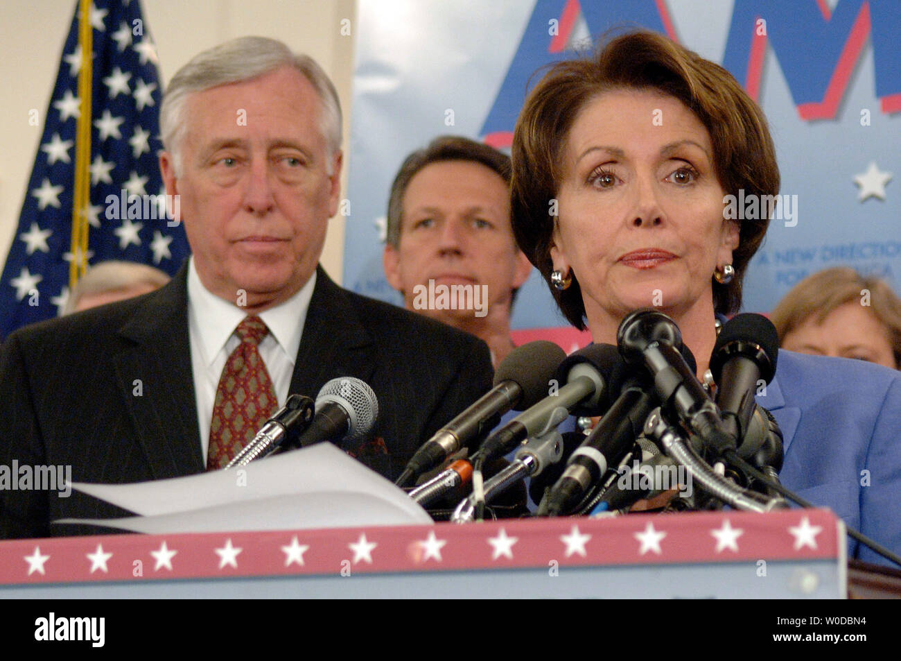 Speaker of the House Nancy Pelosi (D-CA) (R) speaks along side House Majority Leader Steny Hoyer (D-MD) at a press conference marking the first 100 legislative hours of the new Congress, in Washington on January 18, 2007. (UPI Photo/Kevin Dietsch) Stock Photo