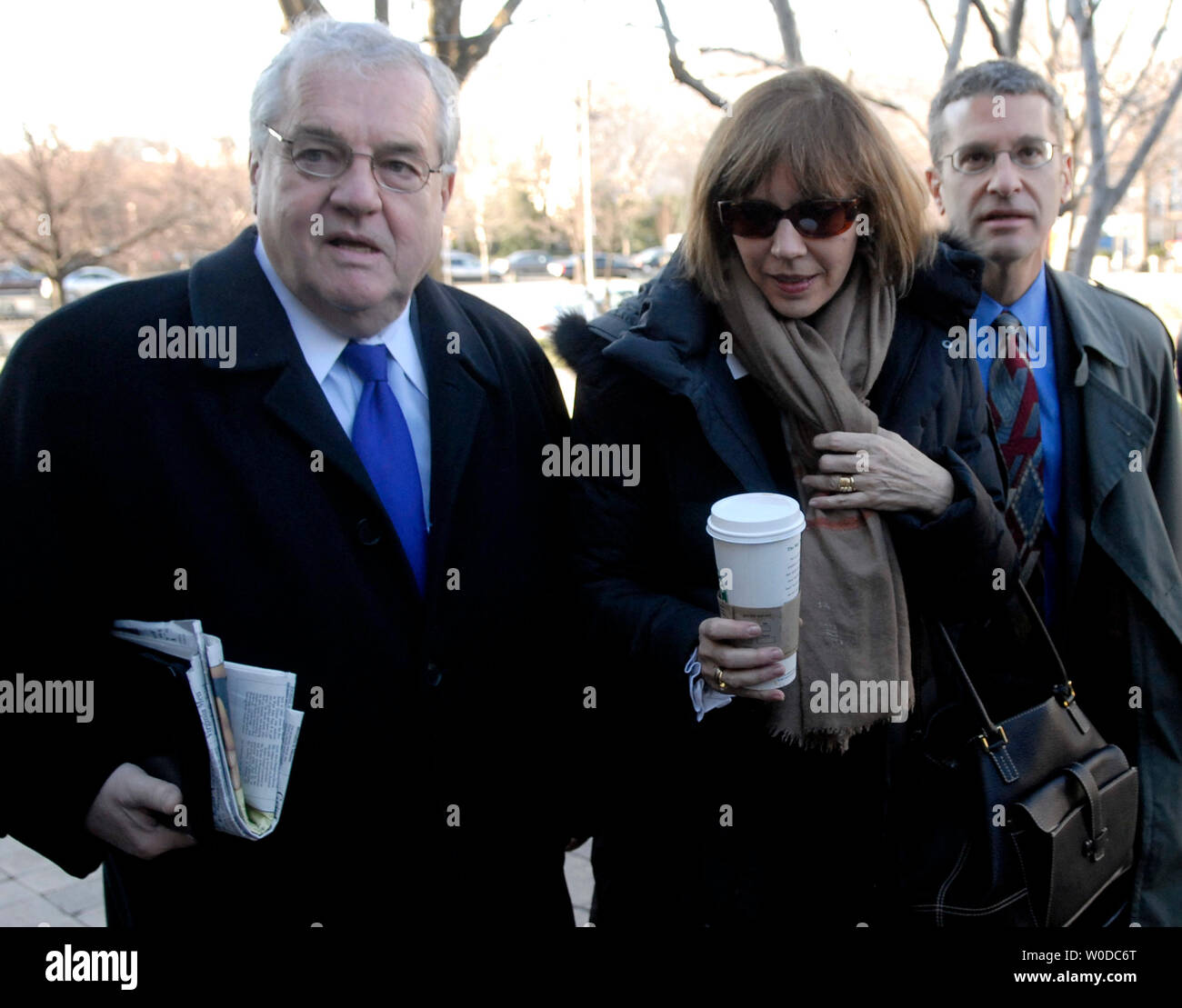Former New York Times journalist Judith Miller (C) and her attorney Robert Bennett arrive at the U.S. District Court in Washington on January 30, 2007. Miller is to testify at the I. Lewis “Scooter” Libby perjury trial. Libby is on trial for perjury in relation to the leaking of CIA agent Valeria Plame's name to the press.  (UPI Photo/Kevin Dietsch) Stock Photo