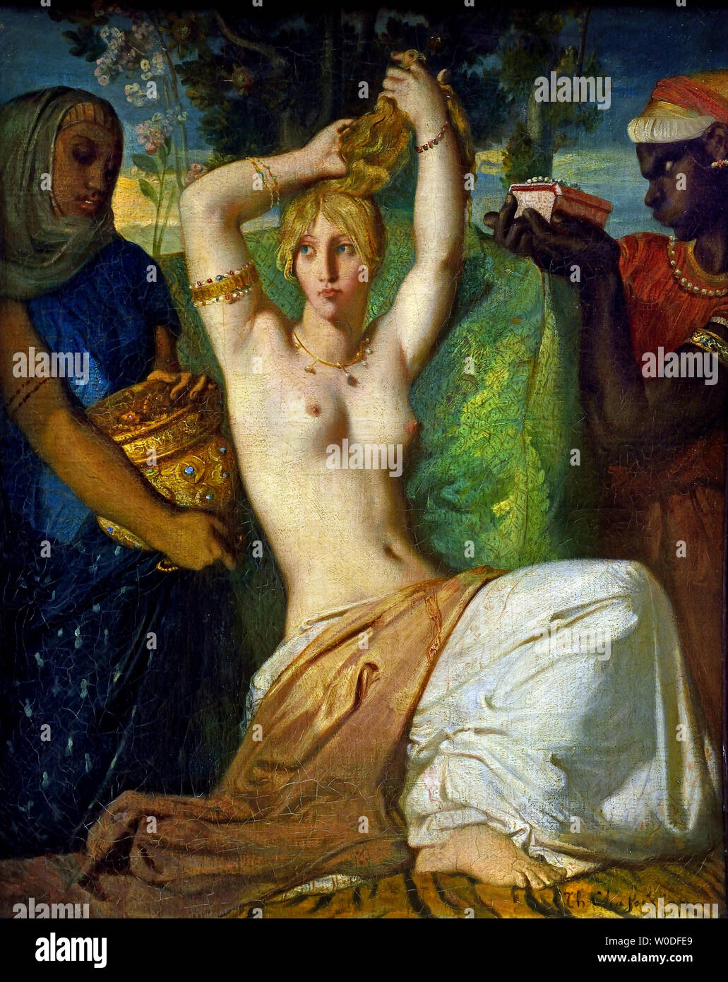 Esther adorning themselves to be presented to King Ahasuerus, also told The toilet of Esther 1841 by THEODORE CHASSÉRIAU (1819-1856) France French. Stock Photo