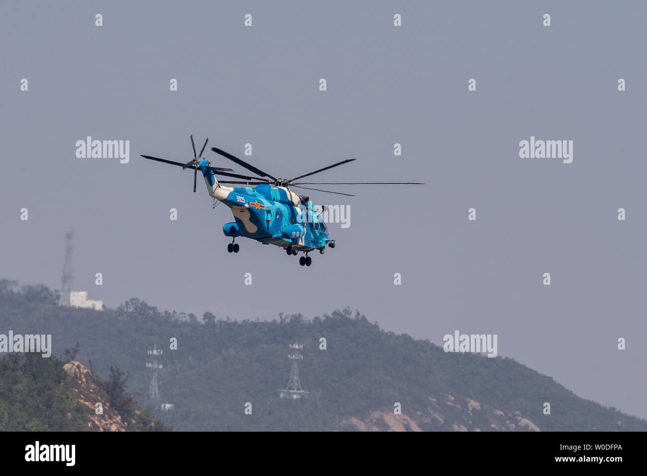 China Air Force direct-8 helicopter helicopter flies to Zhuhai to prepare for the 2018 Zhuhai Air Show, China's Zhuhai Jinwan Airport Air Show Center, October 30, 2018. Stock Photo