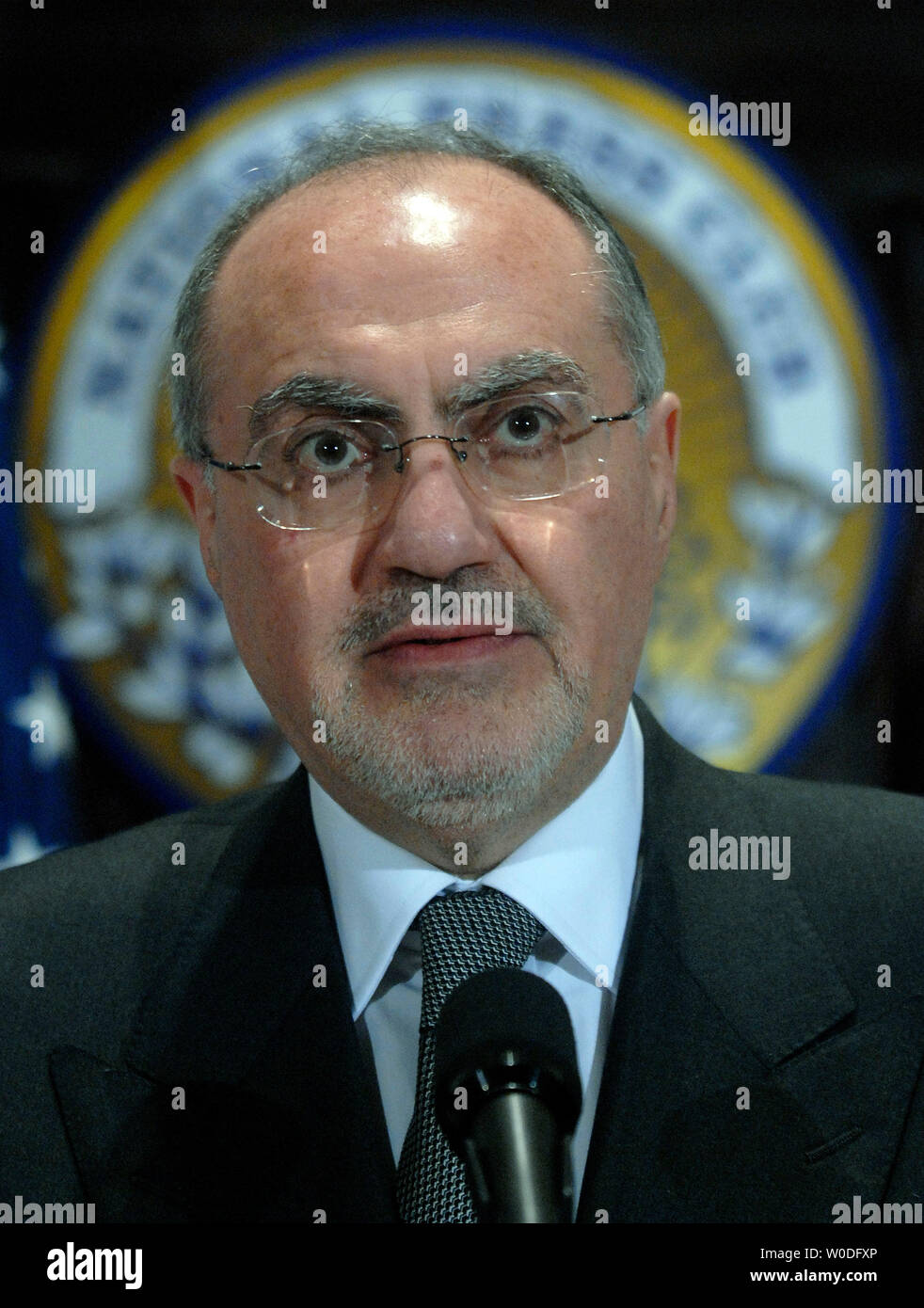 Ali Allawi, senior adviser to Iraqi Prime Minister Nuri Kamal al-Malaki, discusses the effects that the war is having on Iraq during a news conference in Washington on April 9, 2007. (UPI Photo/Kevin Dietsch) Stock Photo