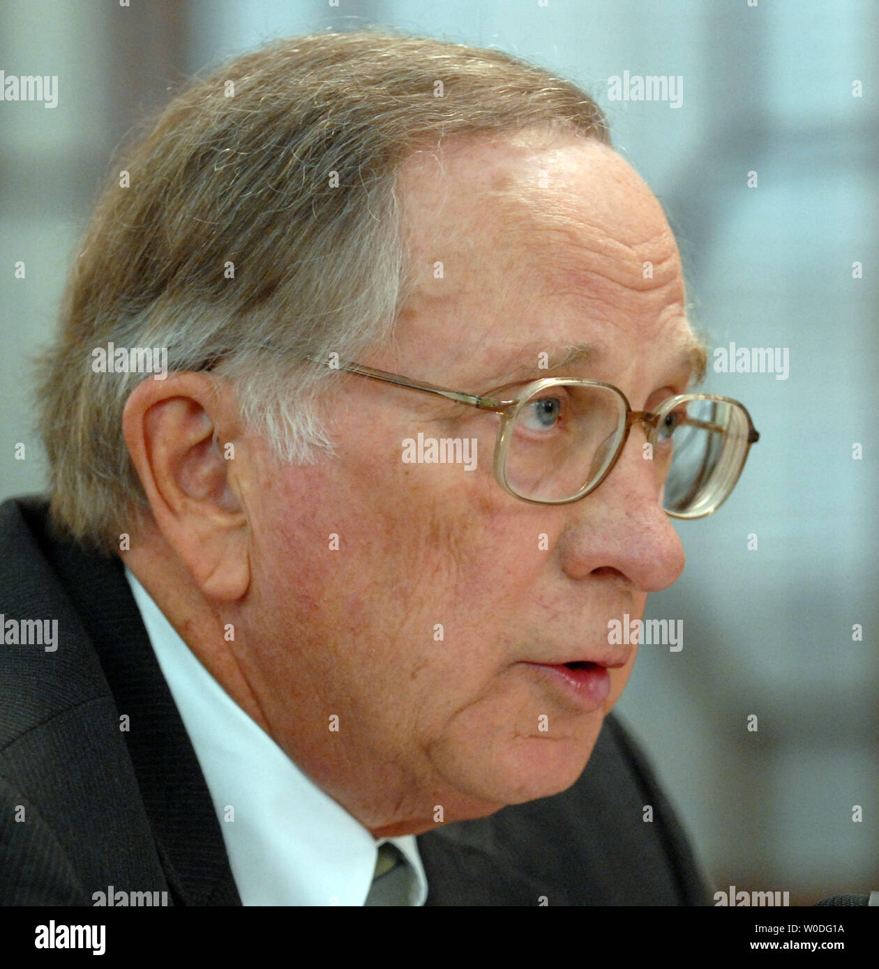 Former Sen. Sam Nunn (D-GA) appears before the Senate Armed Services Committee to discuss the threats of nuclear proliferation on Capitol Hill in Washington on April 11, 2007.   (UPI Photo/Roger L. Wollenberg) Stock Photo