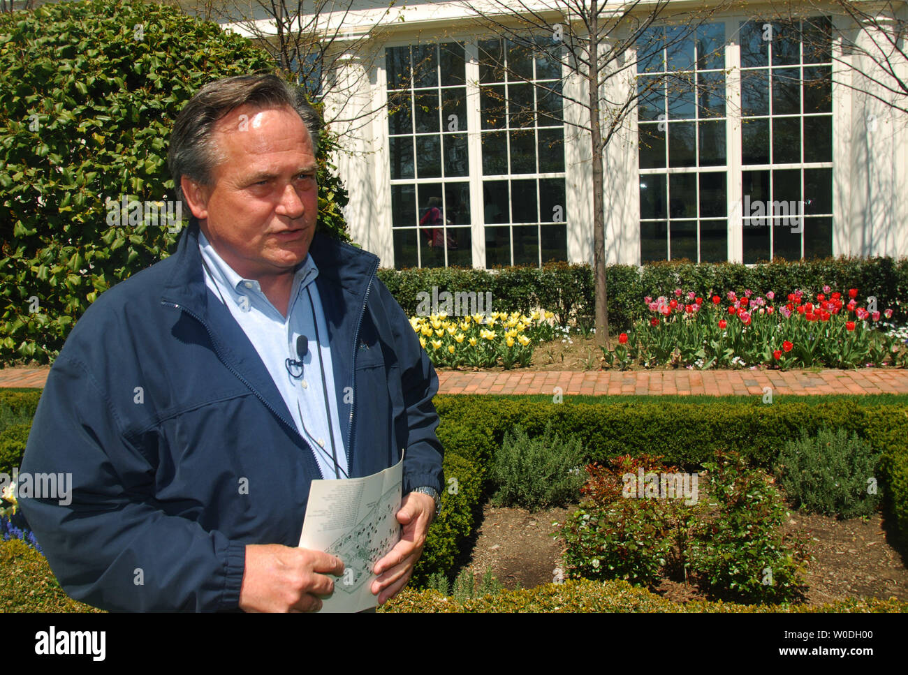 White House Horticulturist Dale Haney speaks to the press while standing in the Jacqueline Kennedy Garden at the White House in Washington on April 20, 2007. The White House is inviting the public to tour the grounds and gardens this weekend for the annual spring tour. (UPI Photo/Alexis C. Glenn) Stock Photo