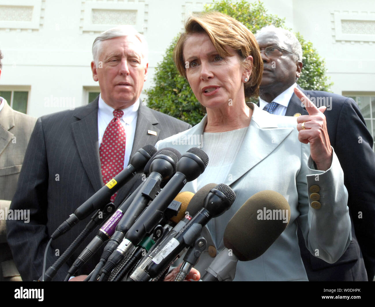 Speaker of the House Nancy Pelosi, D-CA, Sen. Steny Hoyer D-MD, (L) and Rep. James Clyburn, D-SC, speak with the media after meeting with U.S. President George W. Bush and Republican Congressional leaders about an Iraq War spending bill at the White House in Washington on May 2, 2007.     (UPI Photo/Roger L. Wollenberg) Stock Photo